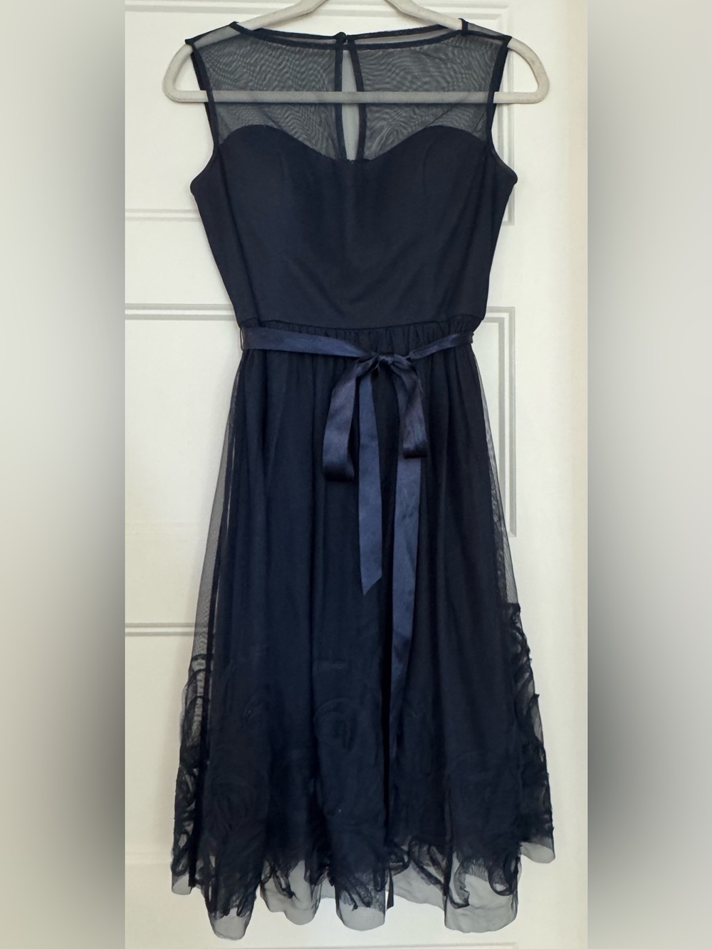 Eliza J Navy Mesh Midi Dress with Satin Tie